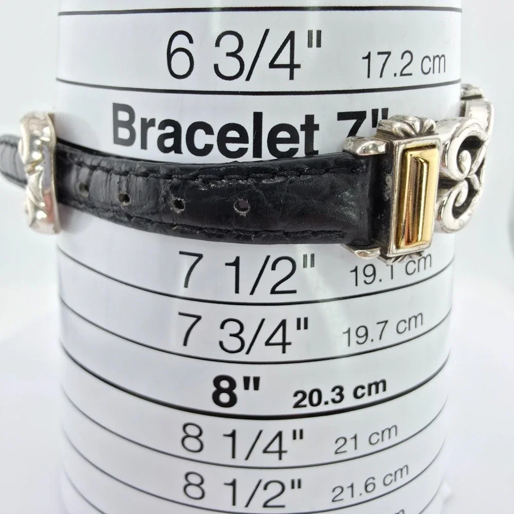 BRIGHTON 'Champagne' Watch Black Leather Band Scrollwork Gold Silver Plate 7.25
